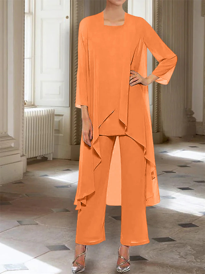Chiffon Round Neck 3/4 Length Sleeves Ankle-Length Mother of the Bride Pantsuits with Jacket