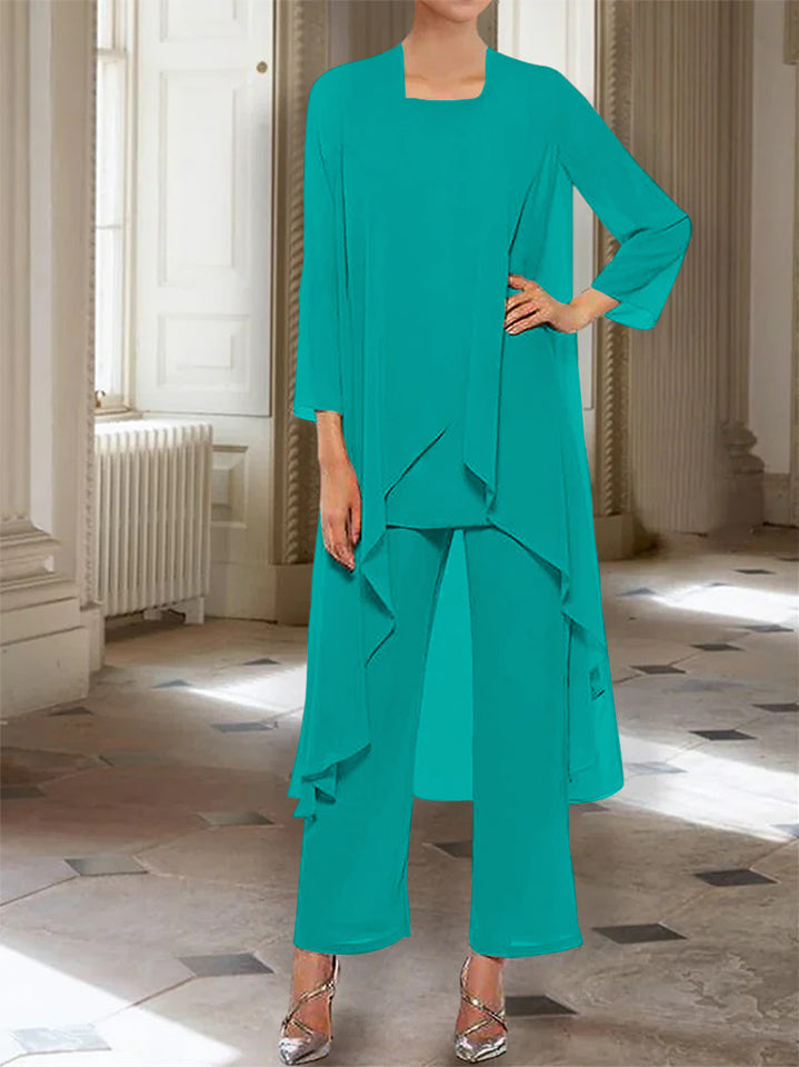 Chiffon Round Neck 3/4 Length Sleeves Ankle-Length Mother of the Bride Pantsuits with Jacket