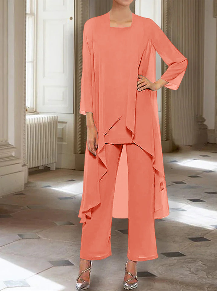 Chiffon Round Neck 3/4 Length Sleeves Ankle-Length Mother of the Bride Pantsuits with Jacket