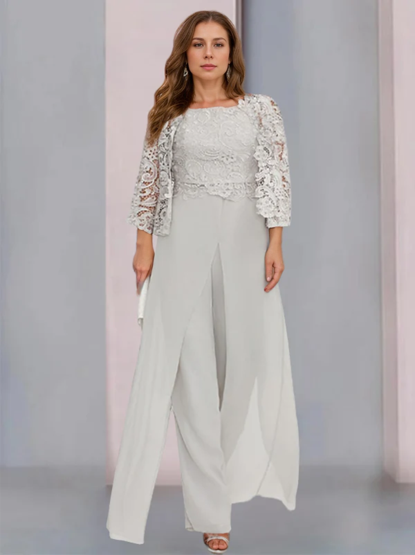 Chiffon Square Neck Floor-Length Plus Size Mother of the Bride Pantsuits with Jacket & Split Side