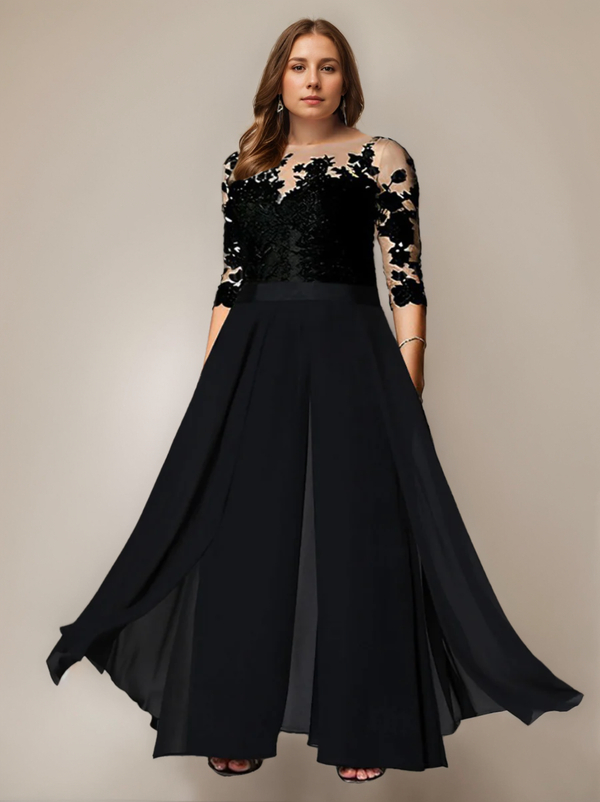 A-Line/Princess Jewel Neck 3/4 Length Sleeves Floor-Length Plus Size Mother of the Bride Pantsuits with Applique
