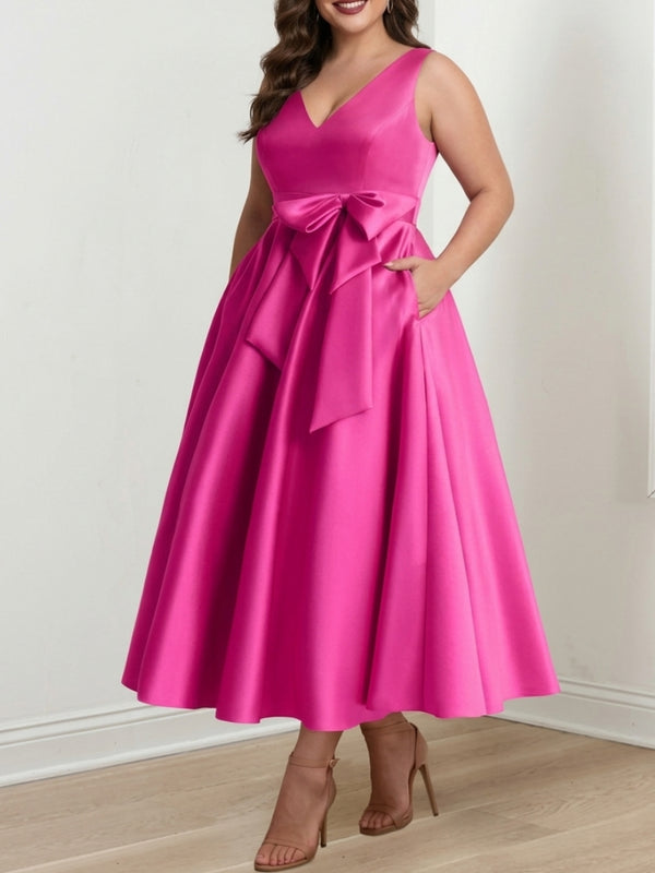 A-Line/Princess V-Neck Sleeveless Ankle-Length Plus Size Mother of the Bride Dresses with Pockets & Ruffles