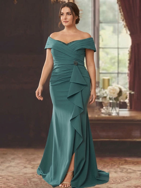 Sheath/Column Off-the-Shoulder Sleeveless Floor-Length Plus Size Mother of the Bride Dresses With Ruffles