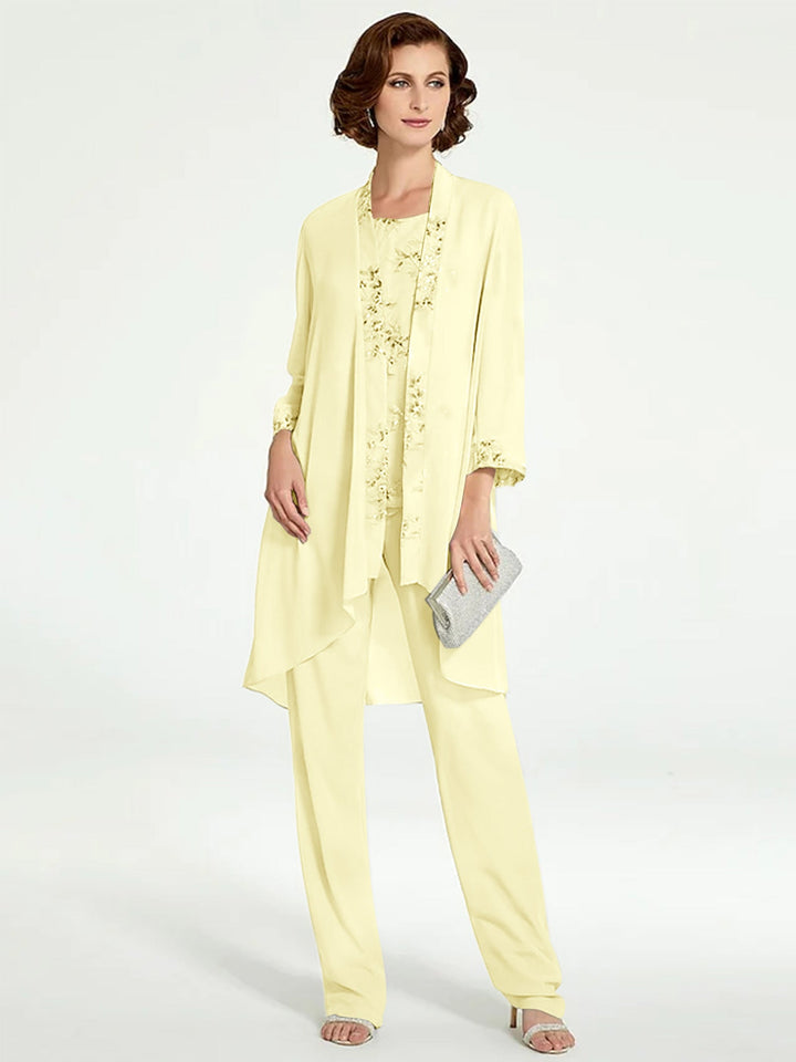 Chiffon Round Neck Floor-Length Mother of the Bride Pantsuits with Jacket