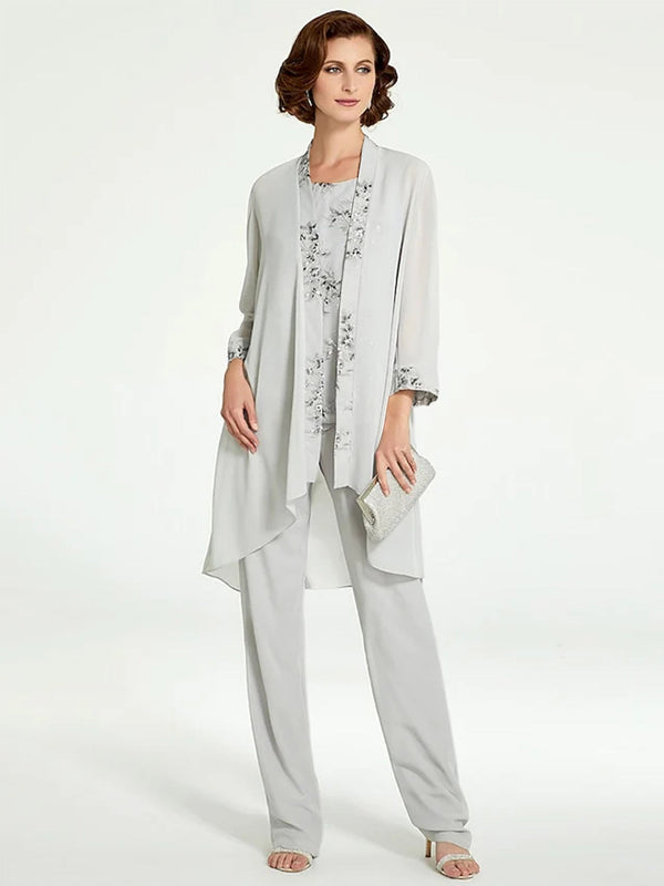 Chiffon Round Neck Floor-Length Mother of the Bride Pantsuits with Jacket