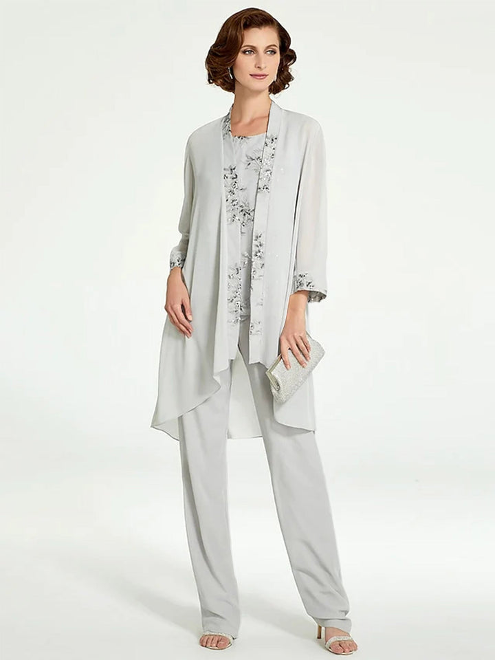 Chiffon Round Neck Floor-Length Mother of the Bride Pantsuits with Jacket