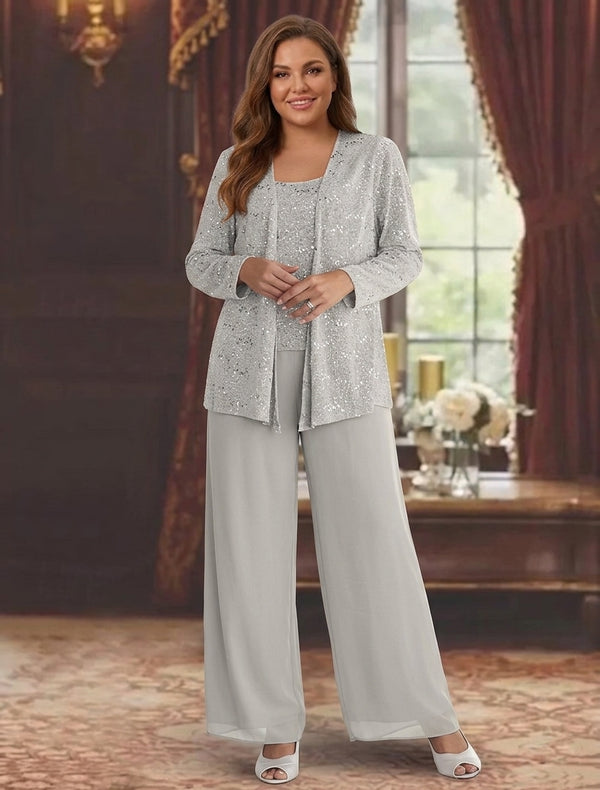 Chiffon Plus Size Mother of the Bride Pantsuits with Jacket & Sequins