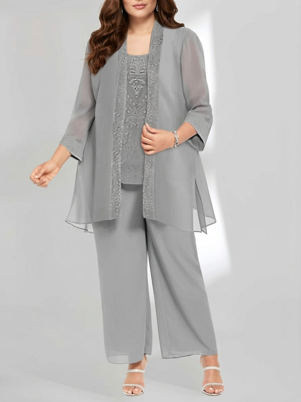 Chiffon Scoop Ankle-Length Plus Size Mother of the Bride Pantsuits with Jacket
