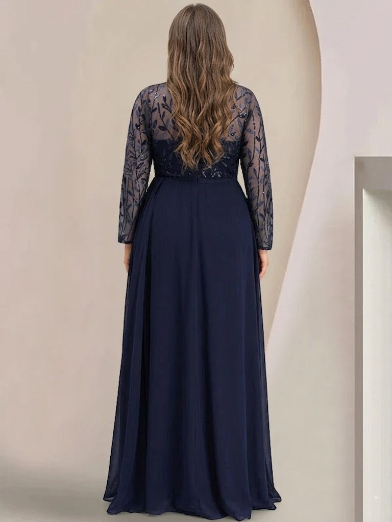 A-Line/Princess Scoop Long Sleeves Floor-Length Plus Size Mother of the Bride Dresses with Split Side, Ruffles & Sequins