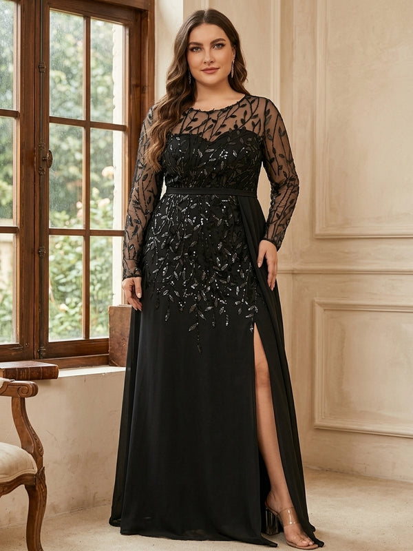 A-Line/Princess Scoop Long Sleeves Floor-Length Plus Size Mother of the Bride Dresses with Split Side, Ruffles & Sequins