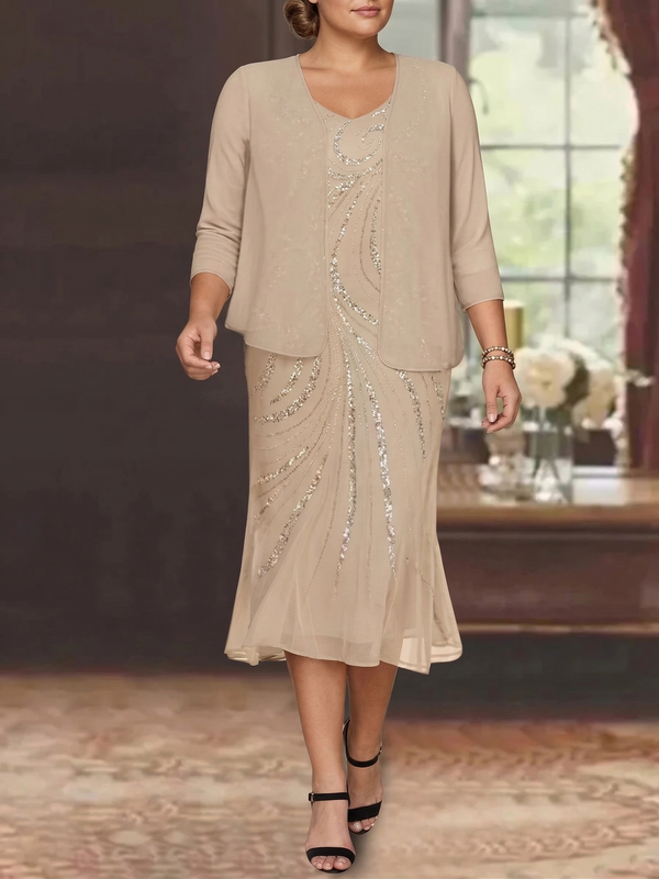 Chiffon 2 Pieces V-Neck Knee-Length Plus Size Mother of the Bride Dresses with Jacket & Sequins