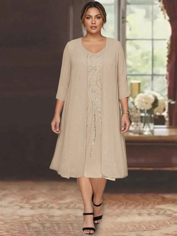 Sheath/Column V-Neck Long Sleeves Tea-Length Plus Size Mother of the Bride Dresses with Jacket & Sequins