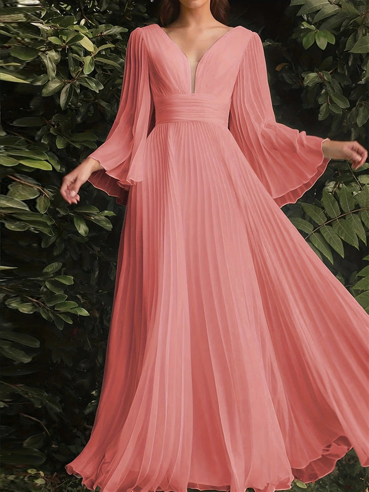 A-Line/Princess V-Neck Long Sleeves Floor-Length Wedding Guest Dresses with Pleats