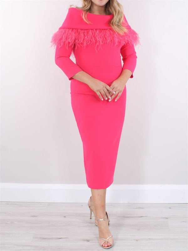Sheath/Column Tea-Length 3/4 Length Sleeves Mother of the Bride Dresses with Feather