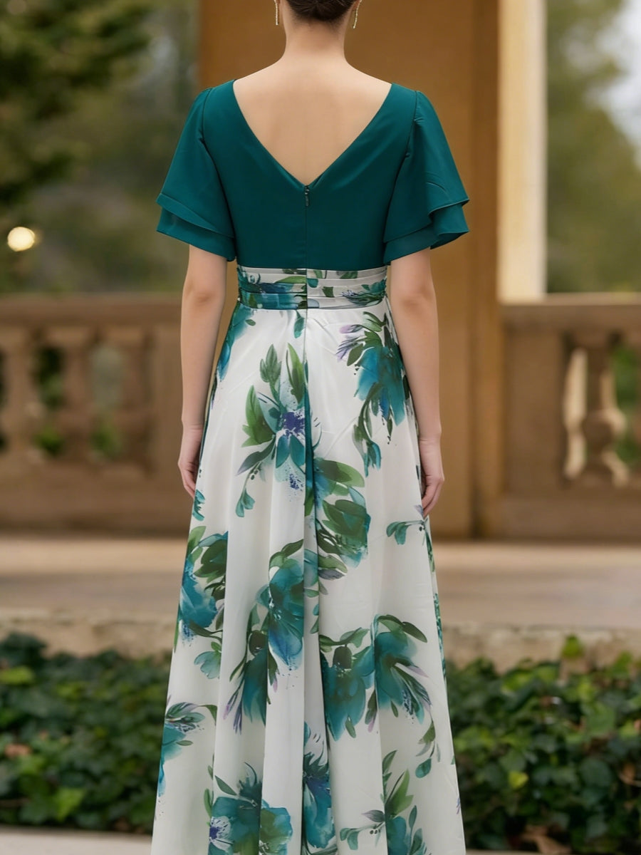 A-Line/Princess V-Neck Short Sleeve Floral Ankle-Length Mother of the Bride Dresses