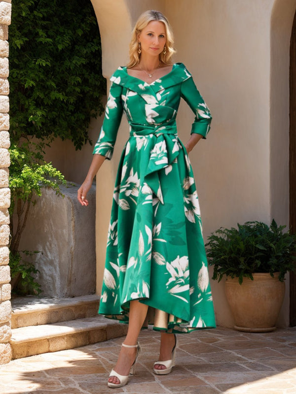 A-Line V Neck 3/4 Sleeve Tea-Length Mother of the Bride Dresses with Sash / Ribbon