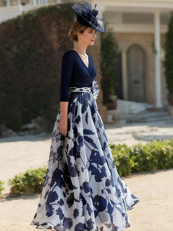 A Line/Princess V Neck 3/4 Sleeves Floral Mother of the Bride Dresses