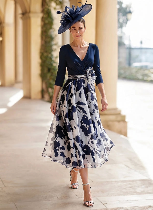 A Line/Princess V Neck 3/4 Sleeves Ankle Length Floral Mother of the Bride Dresses