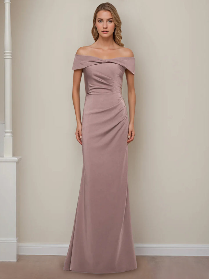 Sheath/Column Off-the-Shoulder Short Sleeves Floor-Length Mother of The Bride Dresses With Ruffles