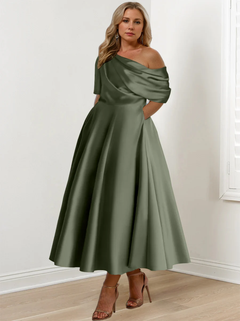 A-Line/Princess One-shoulder Half Sleeve Ankle-Length Plus Size Mother of the Bride Dresses with Ruffles