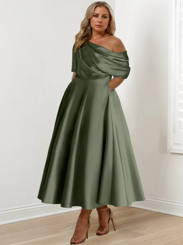 A-Line/Princess One-shoulder Half Sleeve Ankle-Length Plus Size Mother of the Bride Dresses with Ruffles