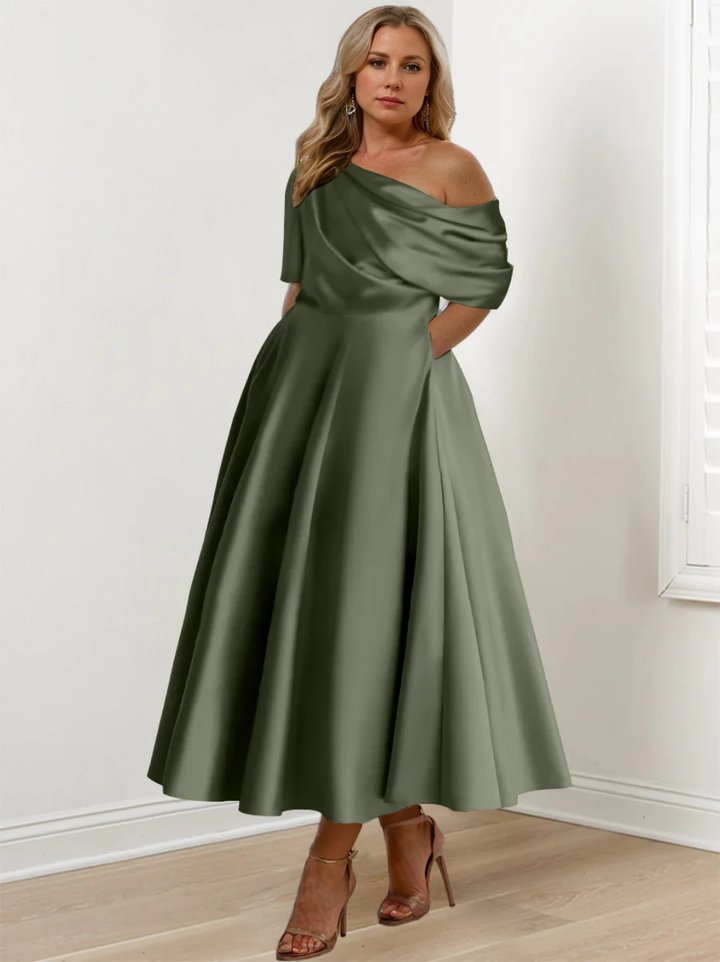 A-Line/Princess One-shoulder Half Sleeve Ankle-Length Plus Size Mother of the Bride Dresses with Ruffles