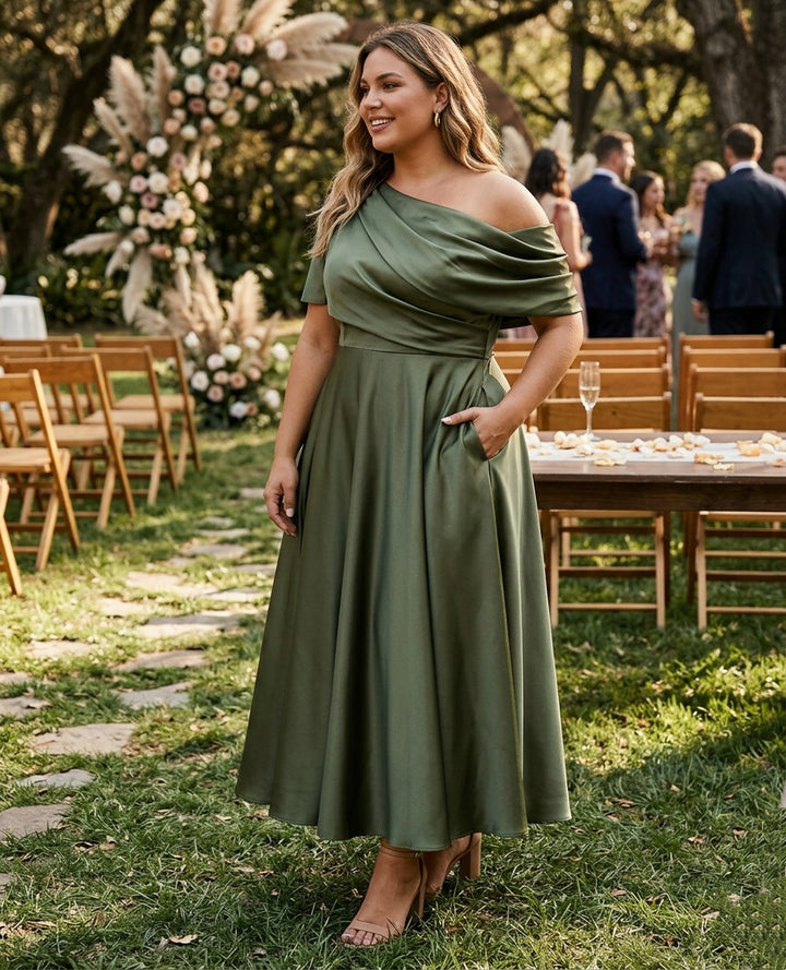 A-Line/Princess One-shoulder Half Sleeve Ankle-Length Plus Size Mother of the Bride Dresses with Ruffles