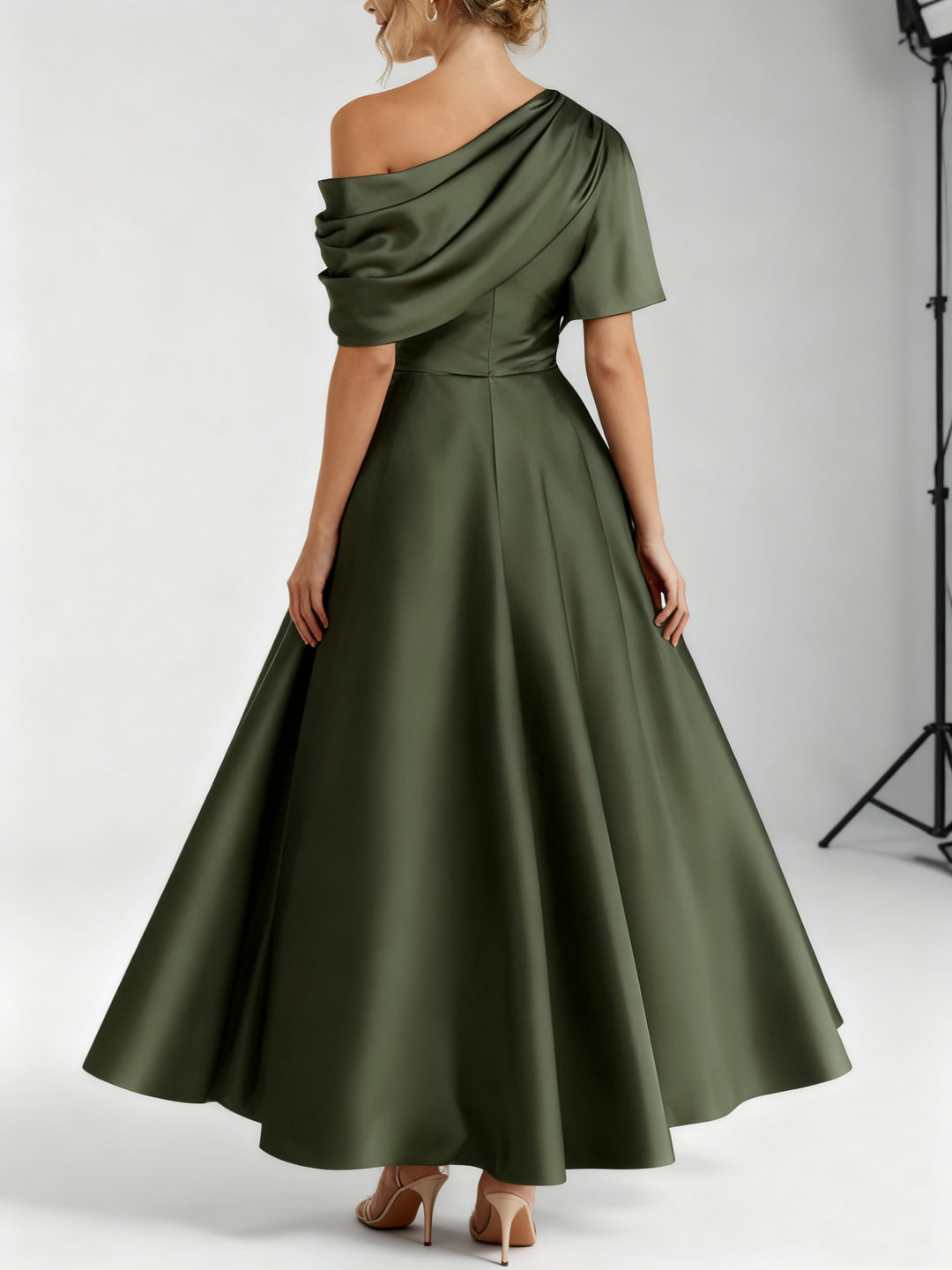 A-Line/Princess One-shoulder Half Sleeve Ankle-Length Mother of the Bride Dresses with Ruffles