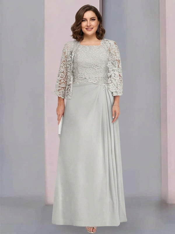 A-Line/Princess Scoop Floor-Length Plus Size Mother of the Bride Dresses with Pleated & Lace Appliques