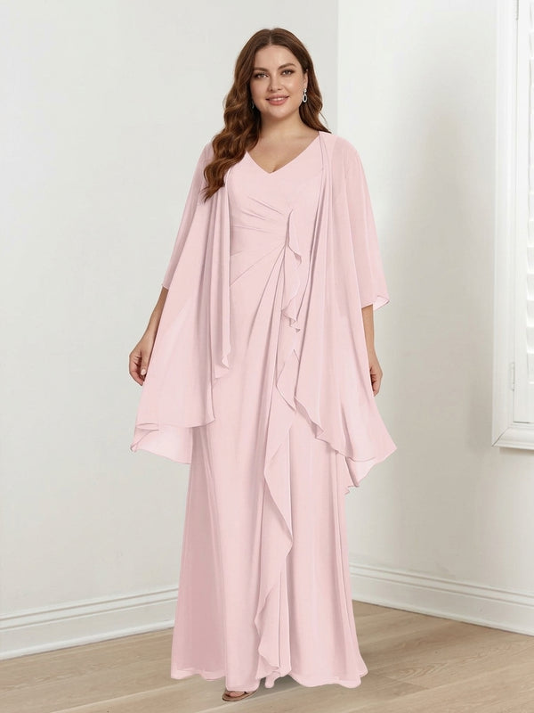 Sheath/Column V-Neck Sleeveless Floor-Length Plus Size Mother of the Bride Dresses with Wraps