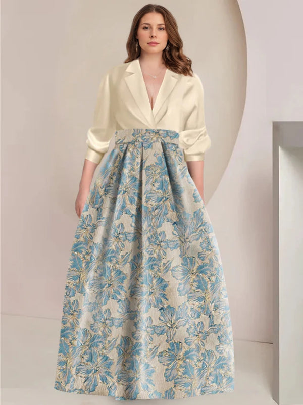 A-Line/Princess Shirt Collar 3/4 Sleeves Printed Flower Plus Size Mother of the Bride & Groom Dresses