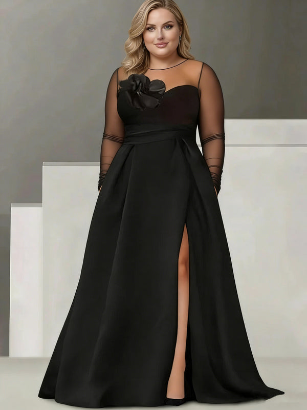A-Line/Princess Sweetheart 3/4 Sleeves Plus Size Mother Of The Bride Dresses With Lace Flower & High Split