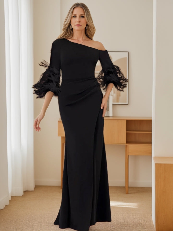 Trumpet/Mermaid Mother Of The Bride Feather Dresses with One Shoulder Long Sleeves Chiffon