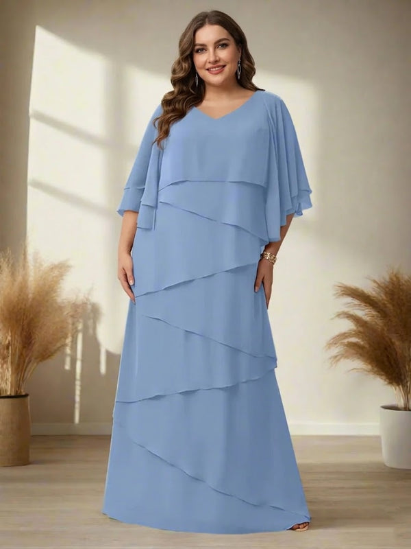 A-Line/Princess V-Neck Half Sleeves Floor-Length Plus Size Mother of the Bride Dresses with Ruffles