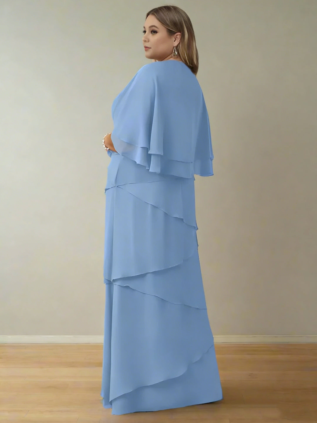 A-Line/Princess V-Neck Half Sleeves Floor-Length Plus Size Mother of the Bride Dresses with Ruffles