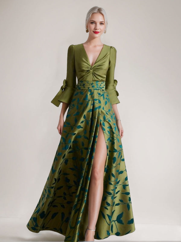 A-Line/Princess 3/4 Sleeves Printed Leaves Mother of the Bride Dresses with Split Side & Belt & Ruffles