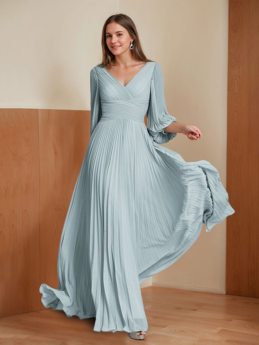 A-Line/Princess V-neck Floor-Length 3/4 Sleeves Mother of the Bride Dresses with Ruffles