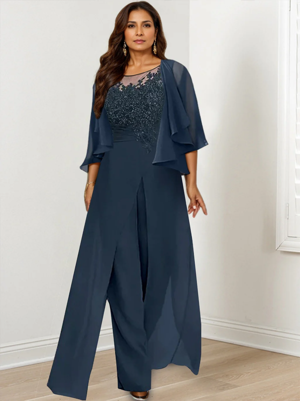 A-Line/Princess Scoop Floor-Length Plus Size Mother of the Bride Jumpsuits with Jacket, Split Side & Appliques