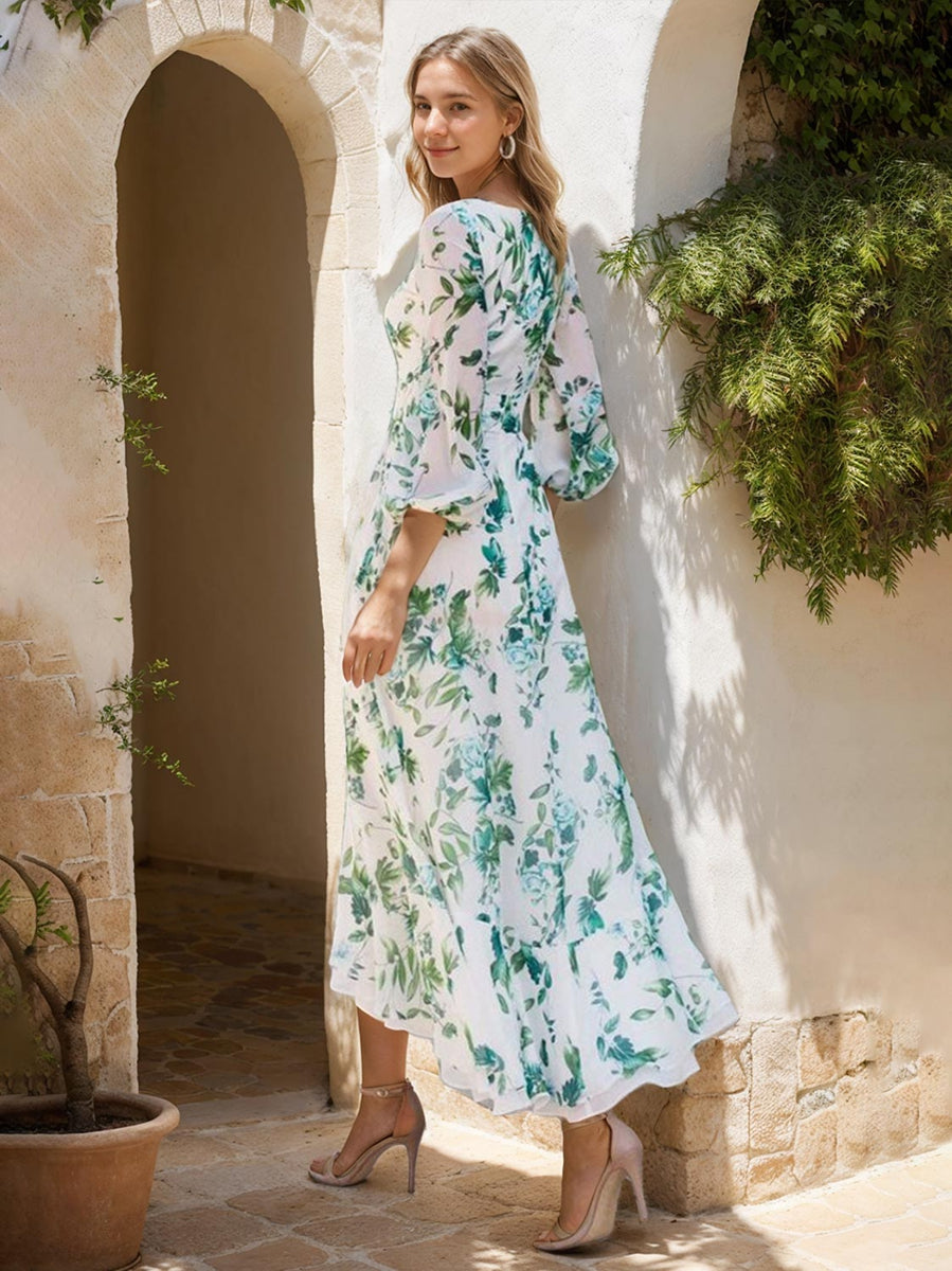 A-Line/Princess V-Neck 3/4 Sleeves Asymmetrical Printed Floral Elegant Mother of the Bride Dresses