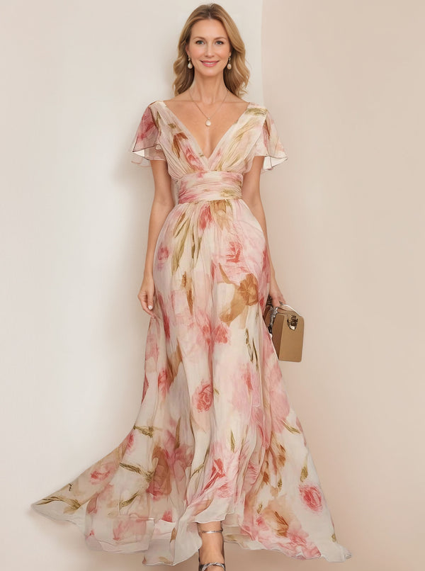 A-Line/Princess V-Neck Short Sleeves Printed Floral Mother of the Bride Dresses with Ruffles