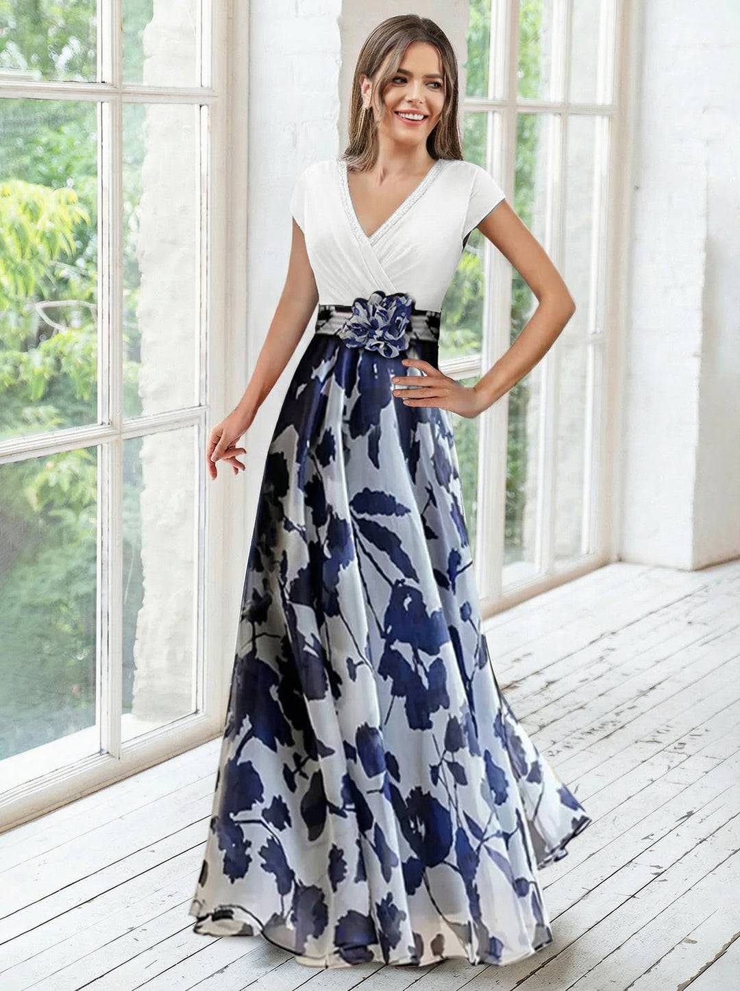 A Line/Princess V-Neck Short Sleeves Mother of the Bride Dresses With Flower & Ruches