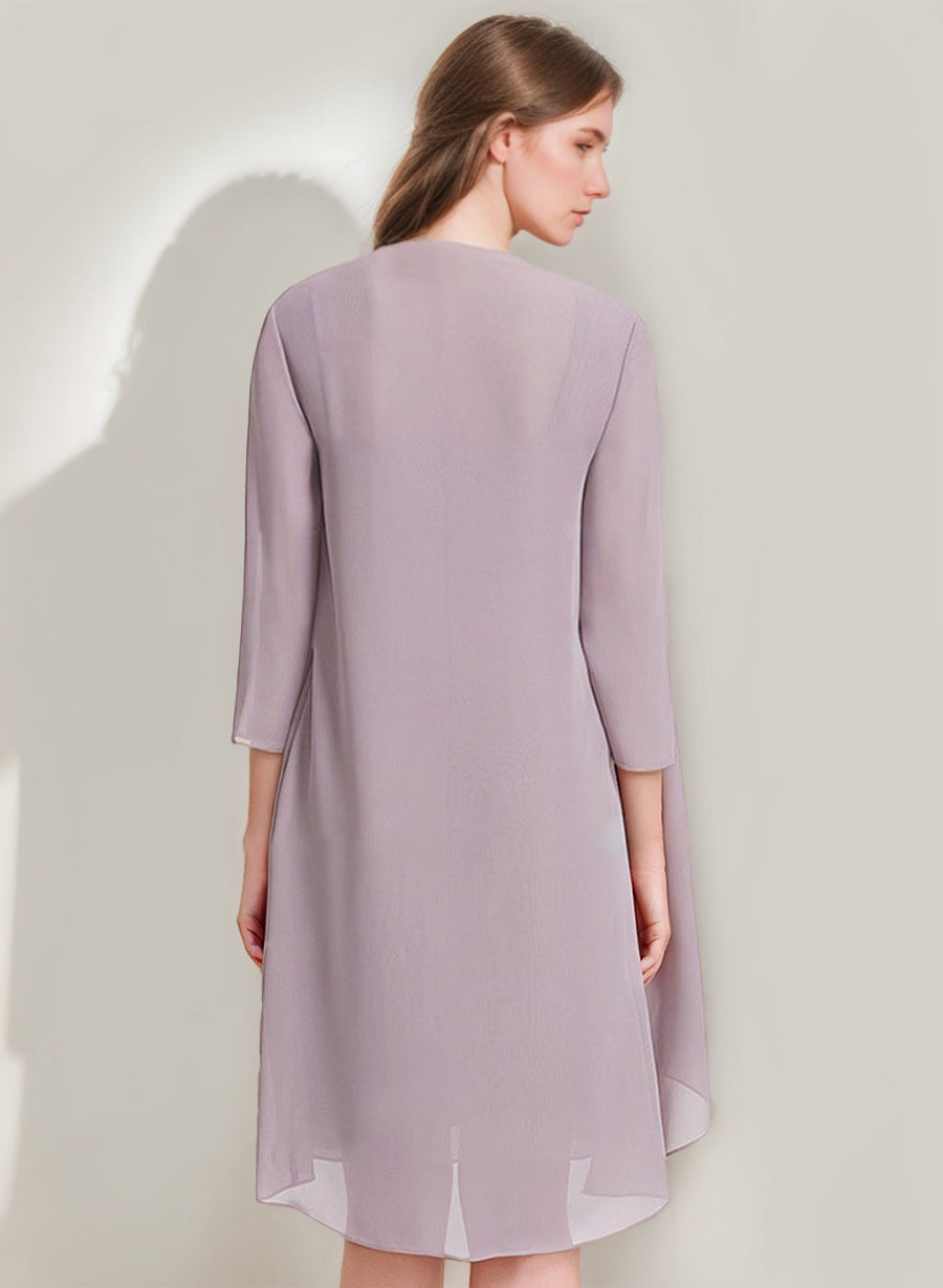 Sheath/Column Square Neckline 3/4 Sleeves Knee-Length Ruched Mother Of the Bride Dresses with Jacket & Ruffles & Pleats & Beads