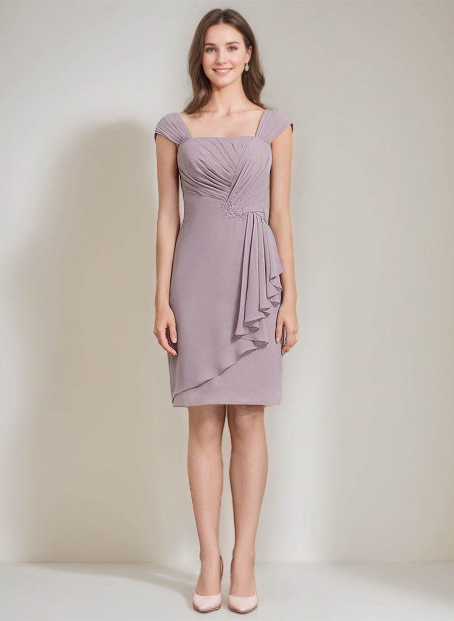 Sheath/Column Square Neckline 3/4 Sleeves Knee-Length Ruched Mother Of the Bride Dresses with Jacket & Ruffles & Pleats & Beads