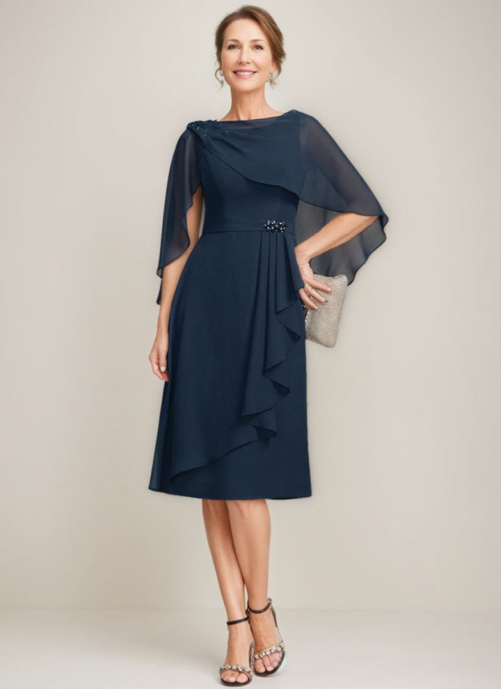 Sheath/Column Jewel Neck Tea-Length Mother Of The Bride Dresses with Detachable Cape & Ruffles & Beads