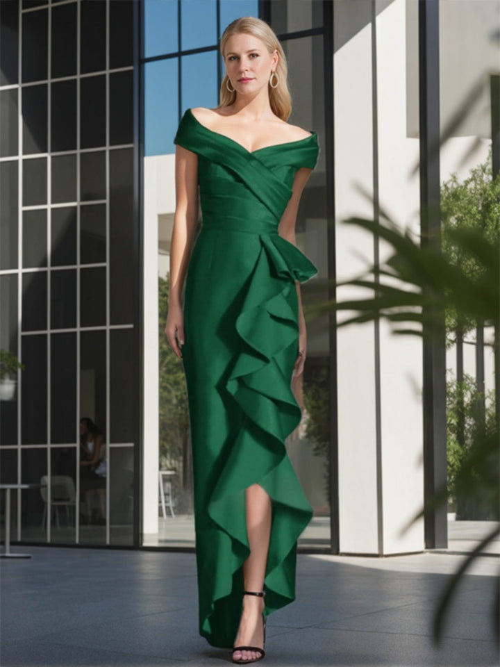 Sheath/Column Off-The-Shoulder Sleeveless Pleated Asymmetrical Mother Of The Bride Dresses with Ruffles