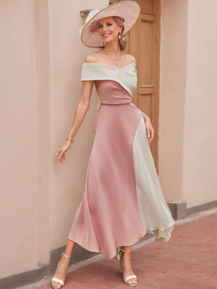 A-Line/Princess Off-the-Shoulder Tea-Length Mother of the Bride Dresses with Ruffles & Bowknot