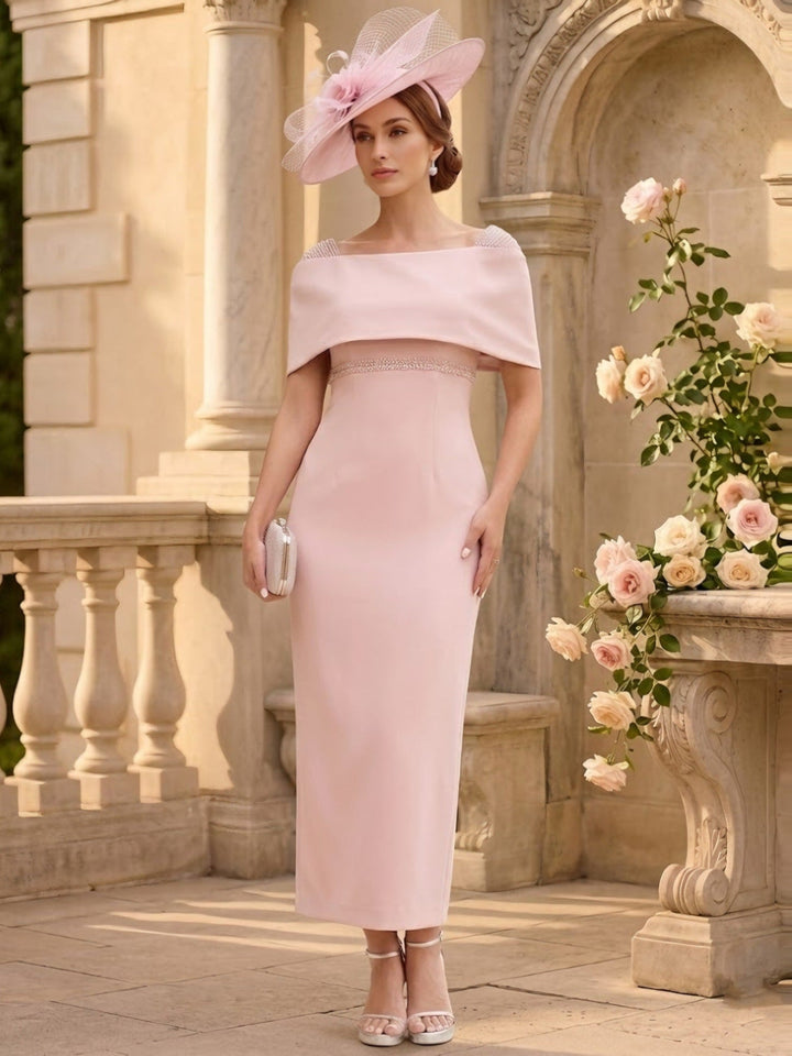Sheath/Column Off-the-Shoulder Stretch Satin Mother of the Bride Dresses Ankle-Length Sleeveless with Beadings & Bow