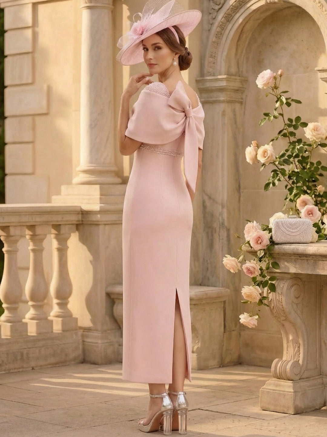 Sheath/Column Off-the-Shoulder Stretch Satin Mother of the Bride Dresses Ankle-Length Sleeveless Sequins