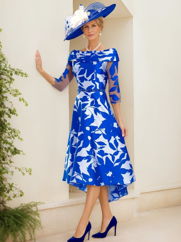 A-Line/Princess Scoop 3/4 Sleeves Asymmetrical Printed Flower Mother of the Bride Dresses
