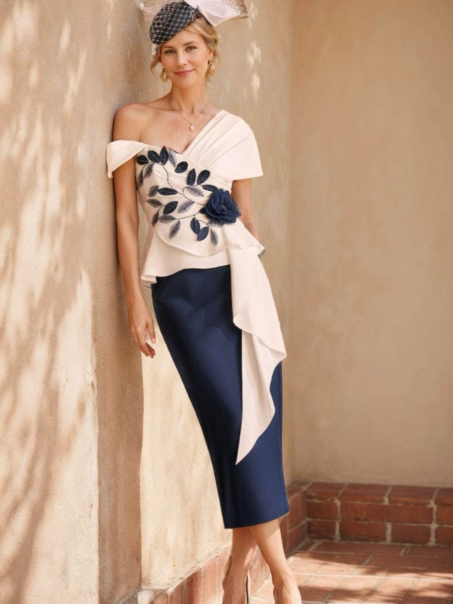 Sheath/Column One-shoulder Tea-Length Mother of the Bride Dresses with Appliques & Flower & Ruffles